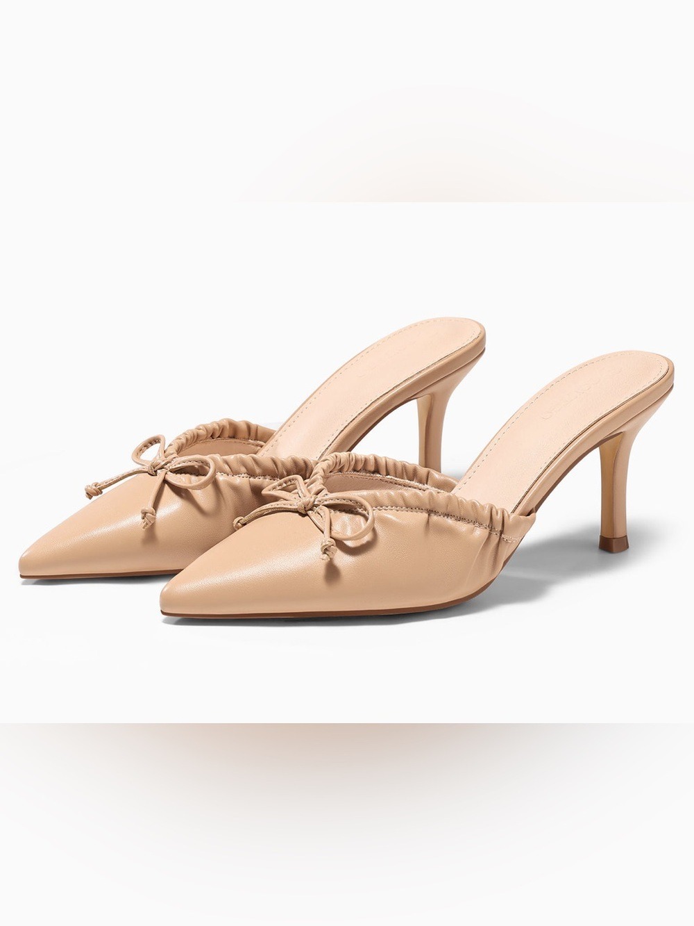Coutgo Tan Pointed-Toe Heeled Mules High Heel Slip-On Pumps with Bow Detail